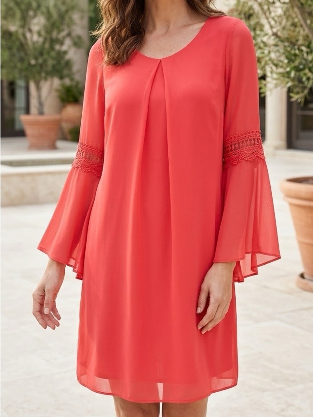 A. Byer coral Shift Dress Bell Sleeve Lace Ruffle Accent Scoop Neck Knee Lined L